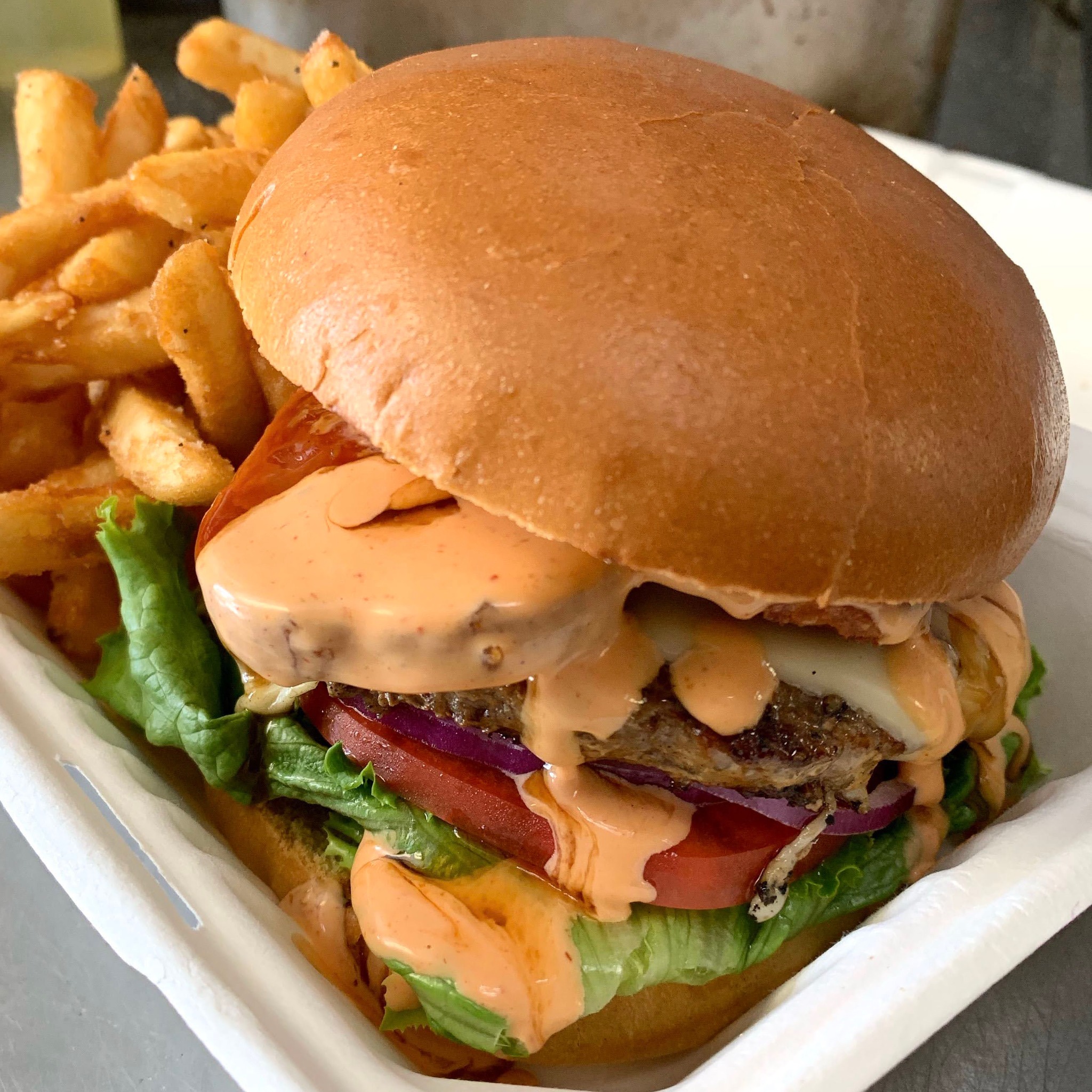 Spamiyaki Burger with fries